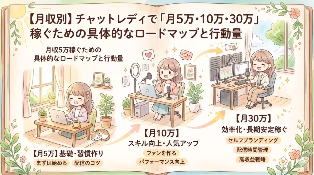 【月収別】チャットレディで「月5万・10万・30万」稼ぐための具体的なロードマップと行動量