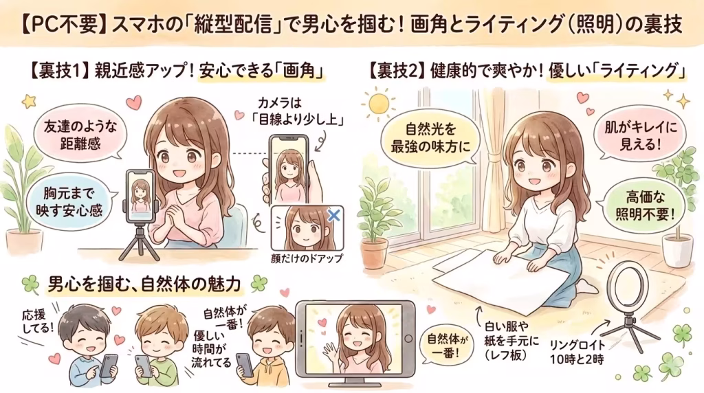 【PC不要】スマホの「縦型配信」で男心を掴む！画角とライティング（照明）の裏技